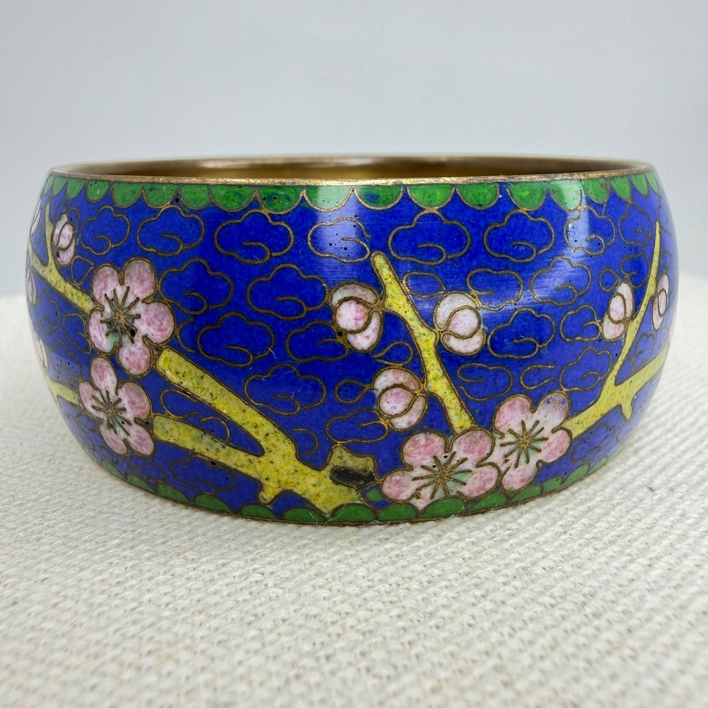 Vintage Wide Cloisonne Bracelet Enamel Brass Bangle Blue Cherry Blossom Flowers